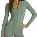Lviefent Womens Zip Up Active Jacket Contrast Slim Fit Long Sleeve Running Workout Jacket Athletic Top with Thumb Holes (Green-M)