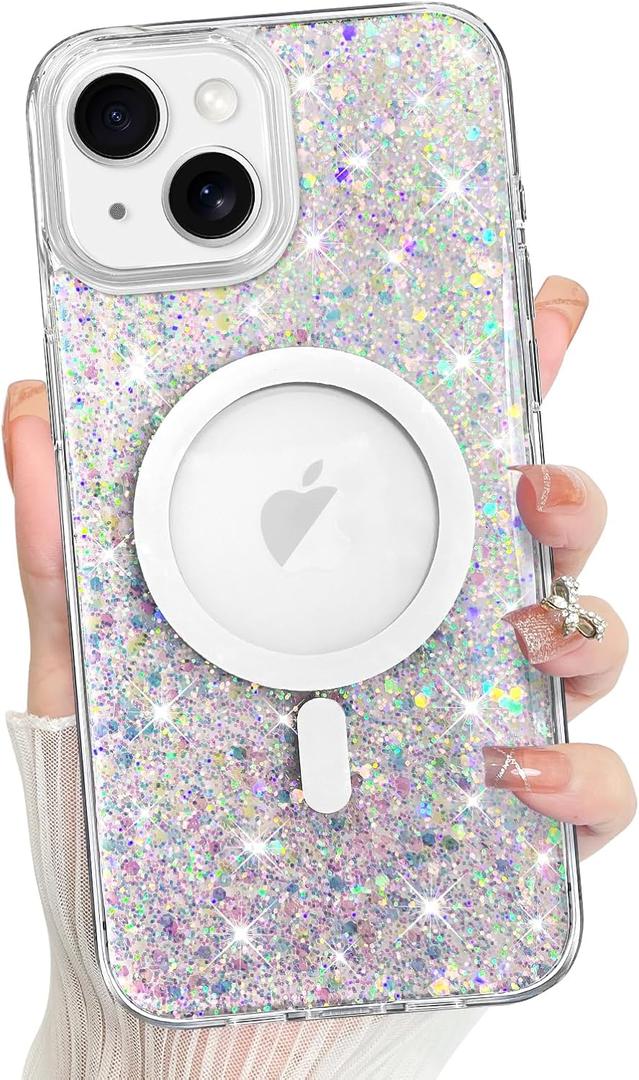 Bonoma for iPhone 14 Case Sparkly Glitter Bling Back, Magnetic Support for MagSafe Shockproof, Crystal and Clear High-Duty Protection for Girls Women-Sparkly Glitter