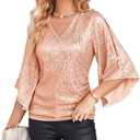 GRACE KARIN Womens Sparkly Sequin Tops,3/4 Sleeve Glitter Party Dressy Blouse,V-Neck Disco Evening Club Concert Shirt (X-Large, Rose Gold)