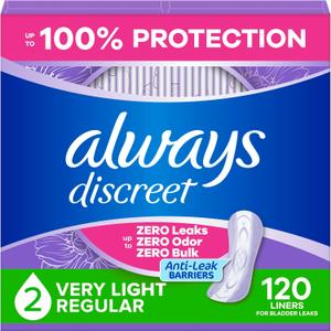 Always Discreet Incontinence Panty Liners for Bladder Leaks, Size 2, Very Light Absorbency, 120 Count