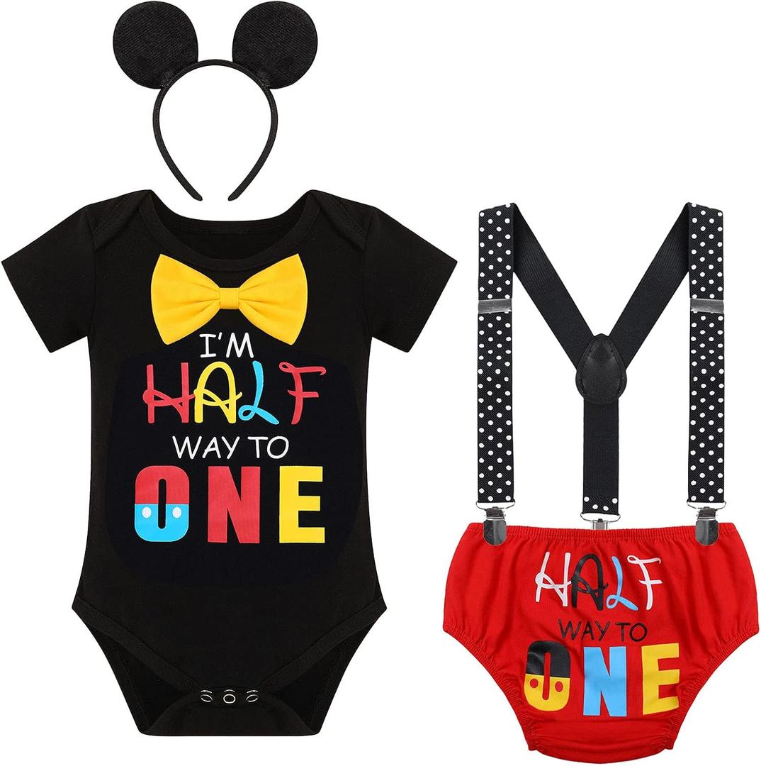 Baby Boy Half Way To One Birthday Cake Smash Outfit Romper+Diaper Cover+Suspenders+Headband 4pcs Set Photo Shoot (6-12 Months)