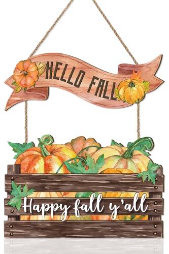 Celestdeco Hello Fall Sign,Pumpkin Door Sign,Welcome Autumn Door Decor,Harvest Thankgiving Wall Decoration,Happy Fall yall Maple Leaf Pumpkin Plaque for Porch Yard Farmhouse Home Outdoor Party