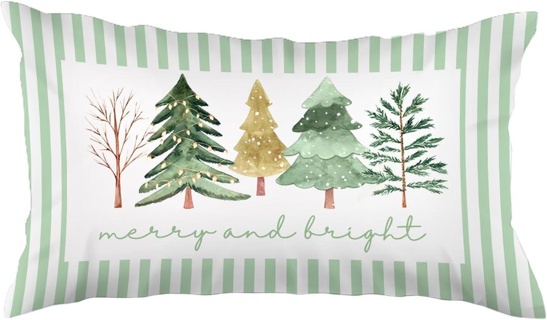 Merry and Bright Christmas Tree Pillow Covers 12x20,Green and Gold Christmas Decorations, Watercolor Xmas Trees Green Striped Lumbar Pillow Cover Decor for Home Bedroom Living Room