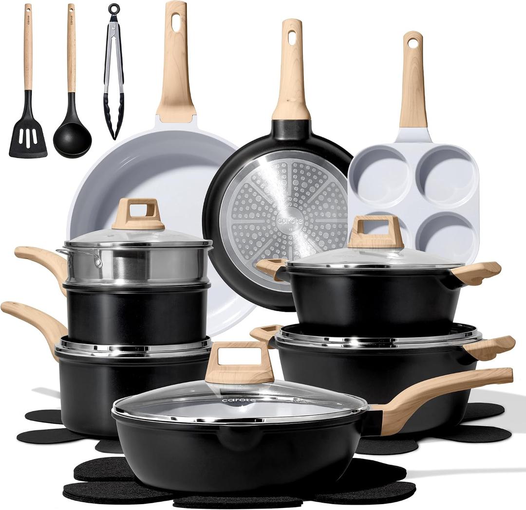 CAROTE 21pcs Pots and Pans Set Nonstick, Cookware Set Black Induction Kitchen Cooking Set w/Frying Pans & Saucepans(PFOS, PFOA Free), 21 Piece