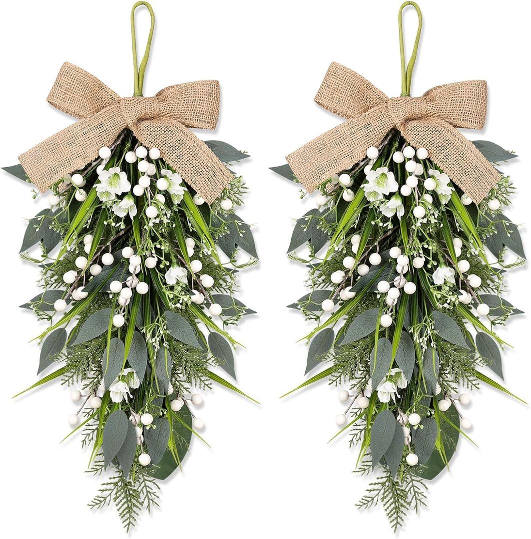 2 Pcs 24" Artificial White Flower Teardrop Wreaths Swag Spring Summer Berries Swags Wreath White Floral Hanging Wreaths for Kitchen Cabinet Doors Window Wall Wedding Party Home Decor
