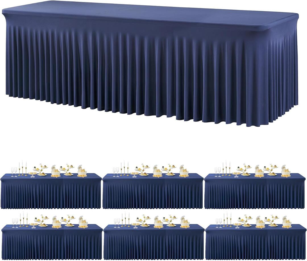 6 Pack Spandex Navy Blue Tablecloths for 8 Foot Rectangle Tables, Wrinkle Free Fitted Table Cloths 8ft Stretchy Table Cover Skirt for Parties Weddings Birthday Banquet Baby Shower