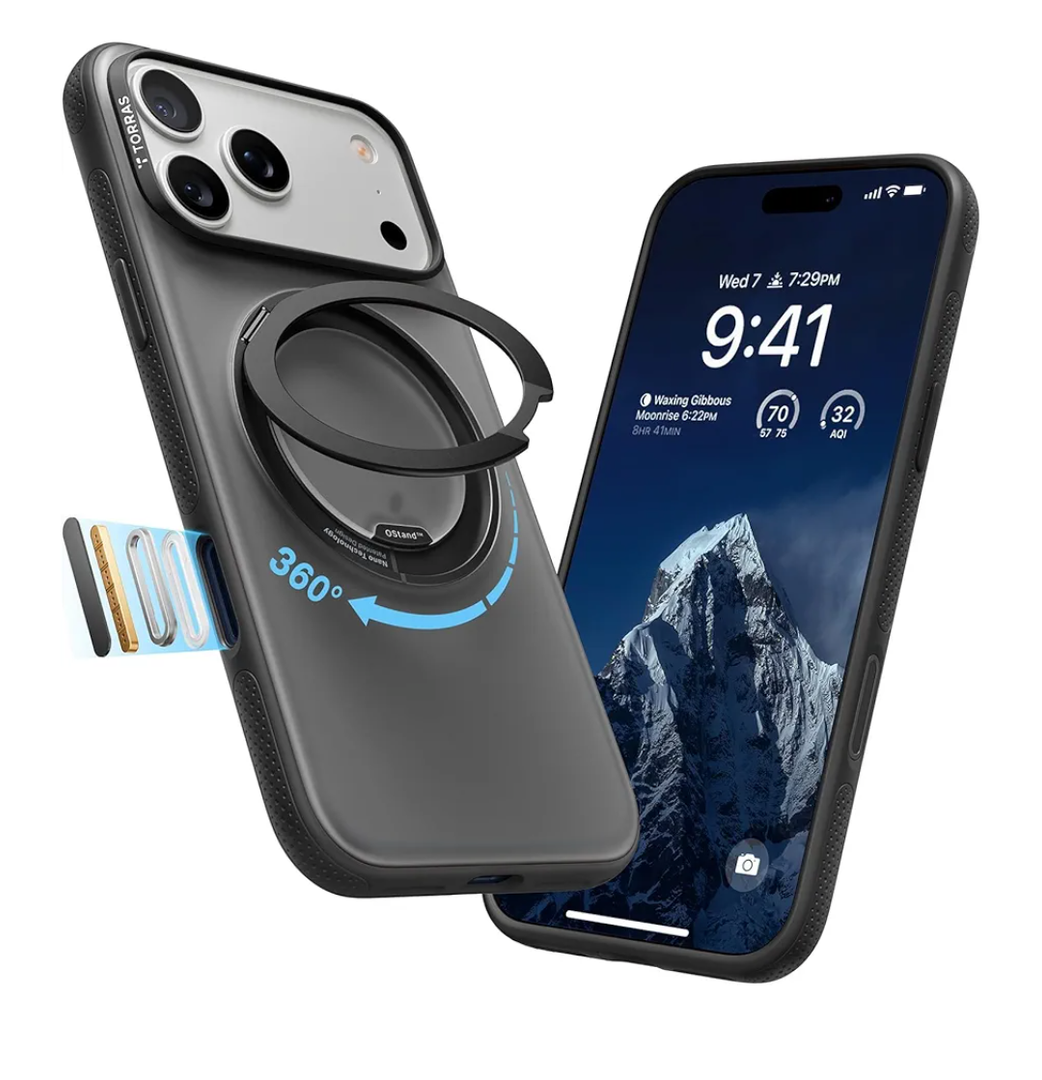 TORRAS 360 Magnetic Stand for iPhone 17 Pro Case, [Fit for MagSafe] [Rotatable Ring Kickstand] [4X Mil-Grade Shockproof] Slim Phone Cover, Camera Button, Obsidian Black, Translucent, Ostand O3 Fitness