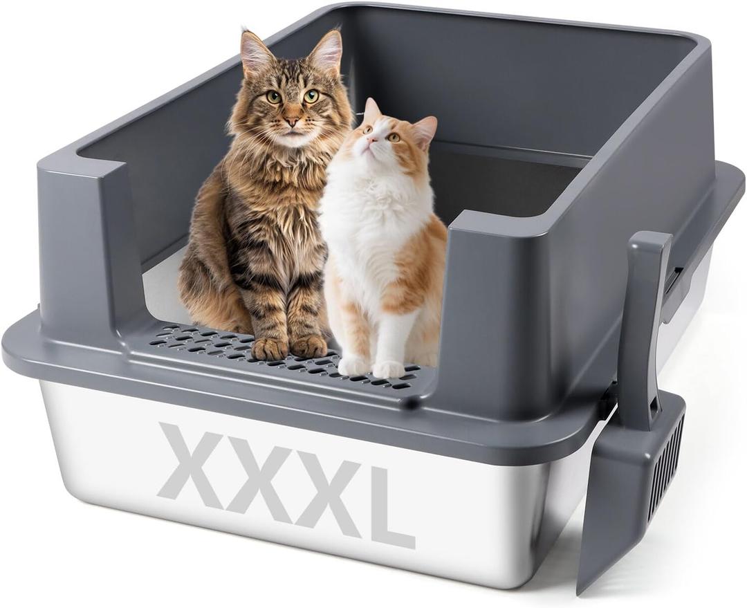 XXXL Stainless Steel Litter Box, 27.6" H x 19.7" W x 11.8" H Extra Large Metal High Sided Cat Litter Box with Scoop, Leak-Proof, Easy Clean for Big Cats/Multiple Cats (Dark Grey)