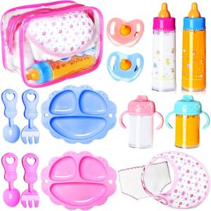 15Pcs Baby Doll Accessories Magic Bottle Set,Pretend Play Feeding Toy with Juice Milk Bottles,Sippy Cups,Pacifiers,Bowl Spoons,Bib,Diaper,Dolls Feeding Kit for Kids Girls,Party,Gift