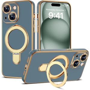 Compatible with iPhone 15 Plus Case with Magnetic Ring Stand [Compatible with Mag-Safe] [Full Camera Lens Protector] Soft Plating Phone Case for iPhone 15 Plus 6.7", Grey Blue