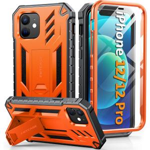FNTCASE for iPhone 12 Phone Case: for iPhone 12 Pro Phone Case Military Grade Drop Proof Rugged Protective Cover with Kickstand | Matte Textured Shockproof TPU Hybrid Bumper Cases 6.1 inch - Orange