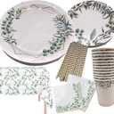 Serves 24 Complete Eucalyptus Greenery Floral Party Supplies, Includes Paper Plates, Cups, Napkins, Straws and 2 Table Covers Ideal for Baby Showers, Weddings, Birthdays, Tea Party, Bridal Showers
