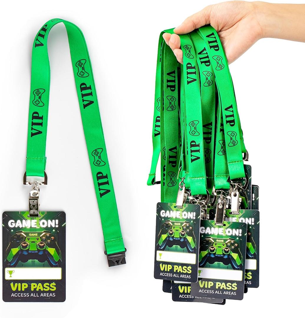 25 Sets Video Game Vip Badge Lanyards PVC Pass Holder Video Game Party Favors Tickets Invitation for Gamer Birthday School Activities Supplies 3.94 x 2.75inch Green