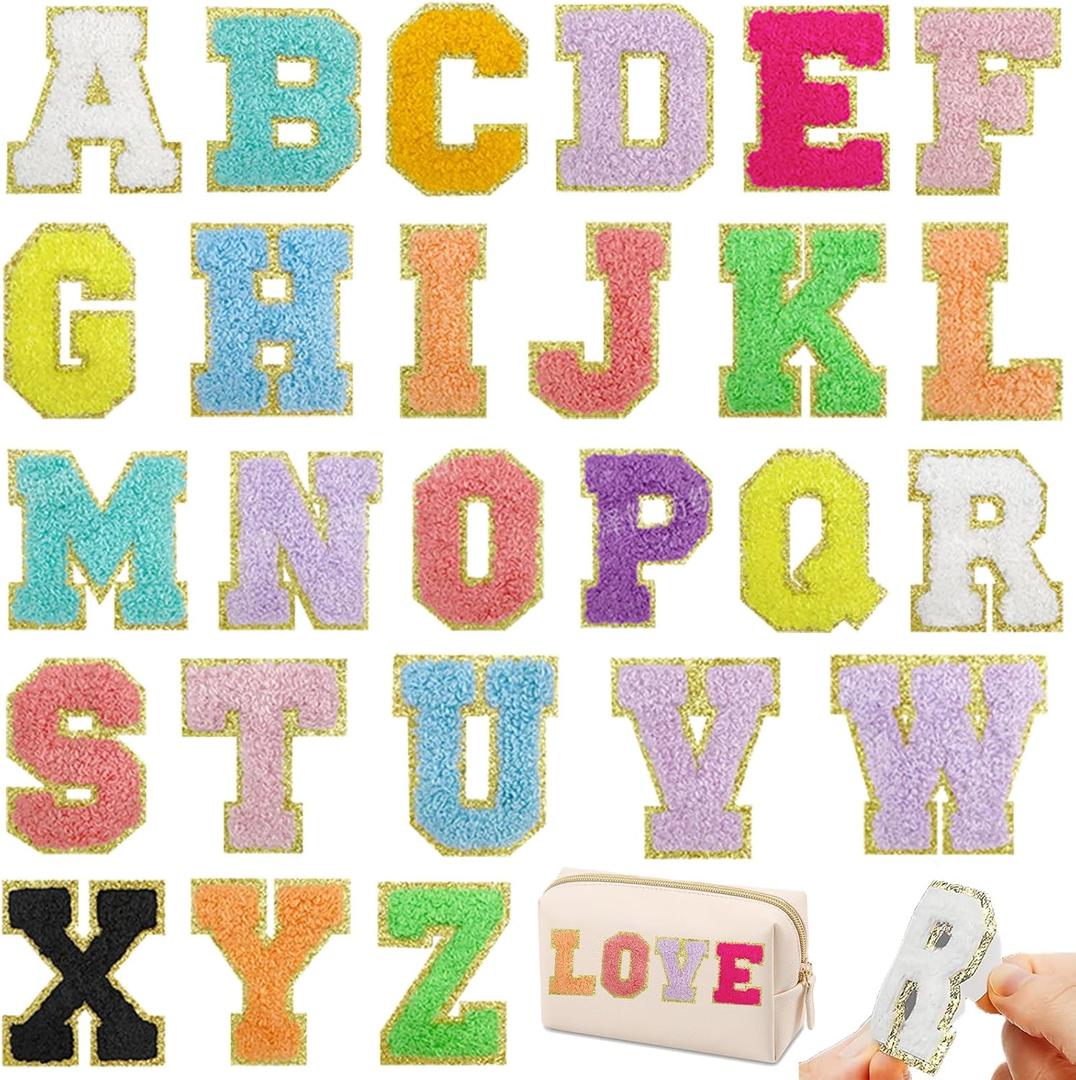 2 x 26 Piece Self Adhesive & Iron On Chenille Letter Patches - A-Z, Glitter Varsity, Applique for DIY Shirts, Shoes, Jeans, Backpacks, Hats (Color)