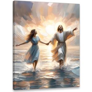 Jesus and Women Walking On Water Canvas Wall Art, Oil Paint Stripe Painting Poster, Christian Wall Decor, Jesus Picture for Wall Living Room Church Bedroom Home Decoratio 16*24 IN(Stretched Canvas on A Wooden Frame)