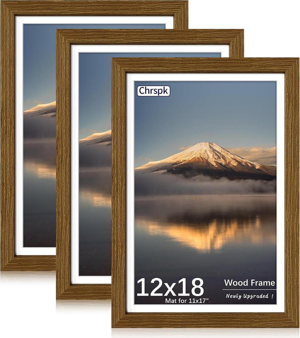 12x18 Poster Frame, Rustic Brown Wood Frame with 11x17 Mat, 3 Pack
Display Pictures 11 x 17 with Mat or 12 x 18 Without, Wall Mounting Horizontal or Vertical, fits Photos, Posters and Art