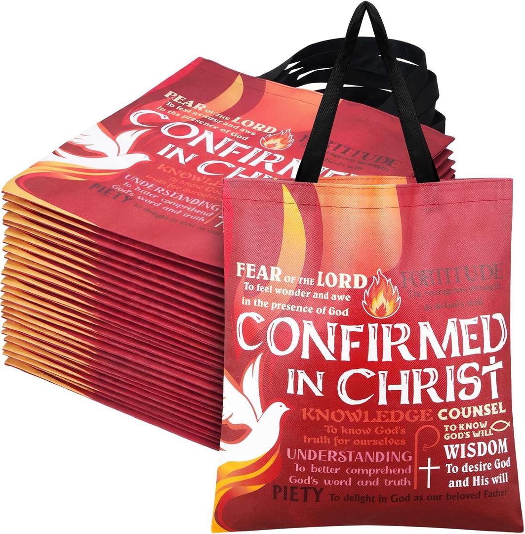 Hosuly 15 Pcs Holy Spirit Confirmation Gift Bags Pentecost Catholic Tote Bag Religious Reusable Non Wove Gifts Supplies with Handles Christian Party Favor for Baptism Party Rcia Decoration