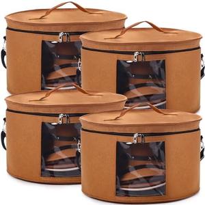 Suzile 4 Pack Large Round Foldable Felt Hat Box for Women Storage 17 x 10 Inch Cowboy Hat Storage Box with Lid Closet Cowboy Case Organizer Clothes Bin(Red Brown)