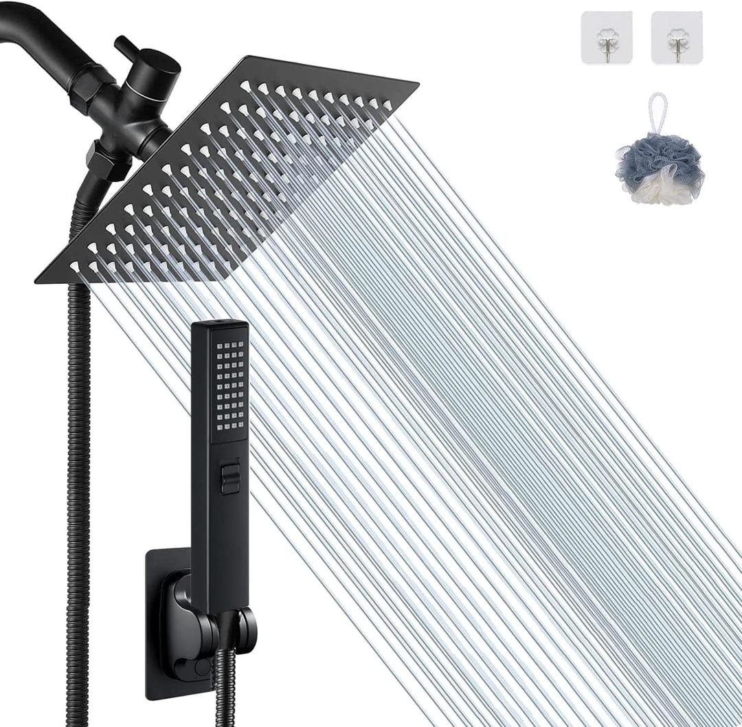 8'' Matte Black Shower Head with hose, 2 in 1 Setting High Pressure Shower Heads, Anti-leak Rainfall Shower Head with Holder, Dual Rain Shower Head with Handheld Spray, Bellearlly