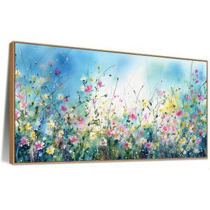 Sorbrozo Floral Meadow Wall Art 20x40 Inch Framed Canvas Print of Colorful Wildflower Painting with Blue Sky Home Decor for Living Room and Bedroom