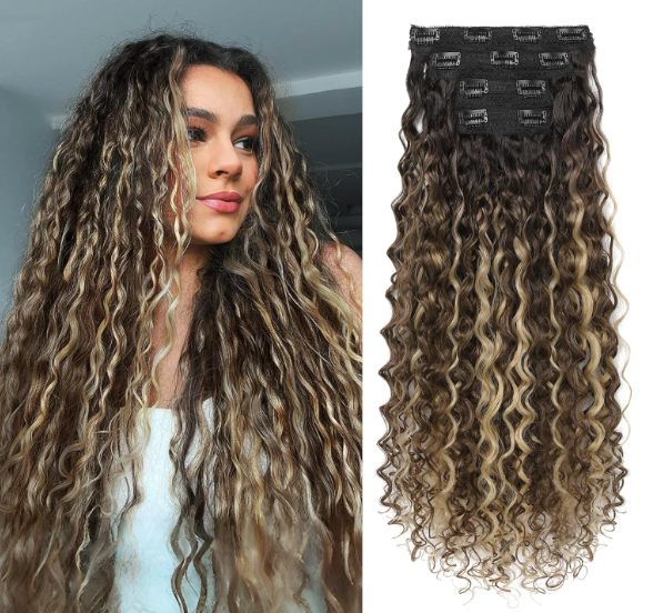 LONAI 4PC Clip in Hair Extensions, 100％ Pure Protein Silk Curly Hair Extension for Women, 26 Inch Long Soft Natural Hair Extensions-Medium Brown Ash Blonde Highlight
