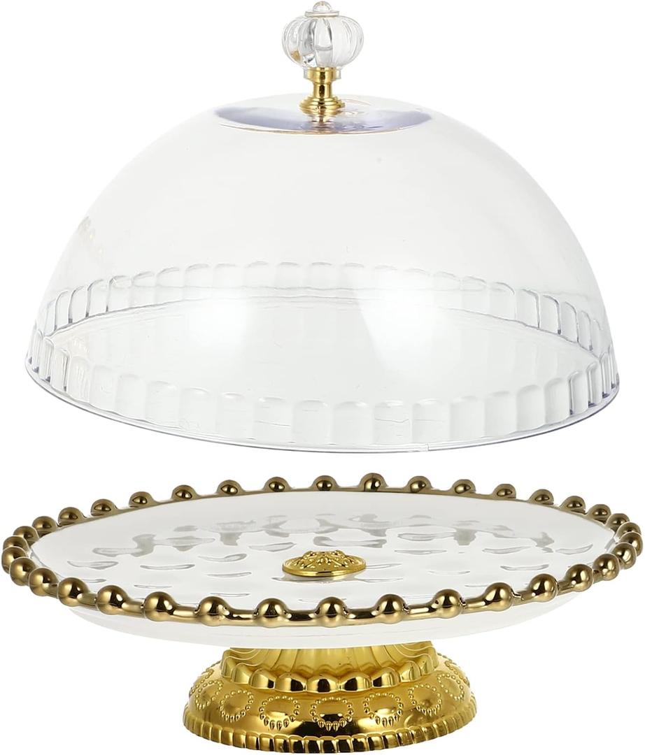 Cabilock White Round Ceramic Cake Stand with Glass Dome, 8 Inch