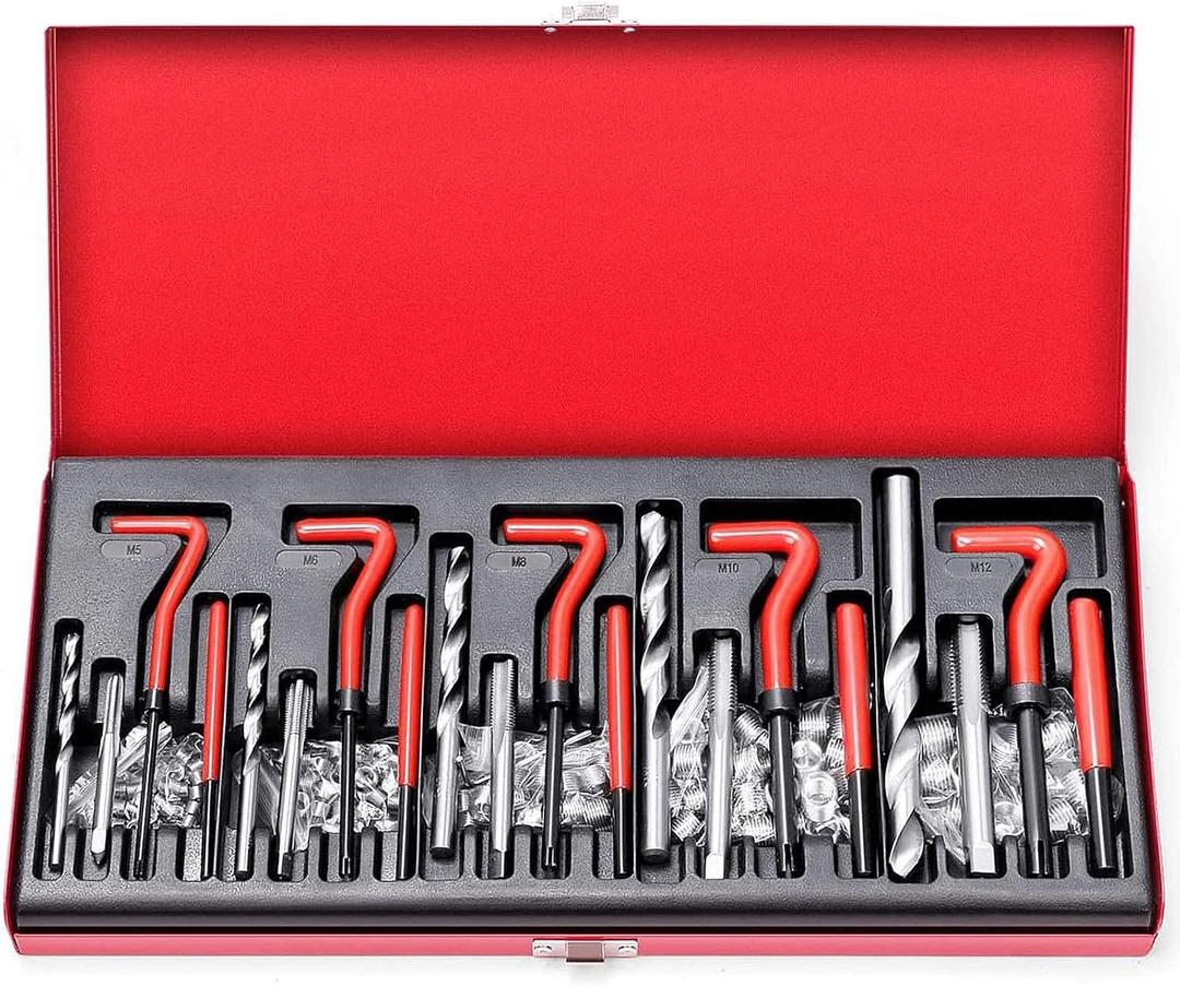 Metric Helicoil Thread Repair Kit: 131-Piece Heli Coil HSS Drills Inserts Taps & Tools M5 M6 M8 M10 M12 Automotive Engine Spark Plug Cylinder Insertion Rethreading Tools Universal Rethread Restorer