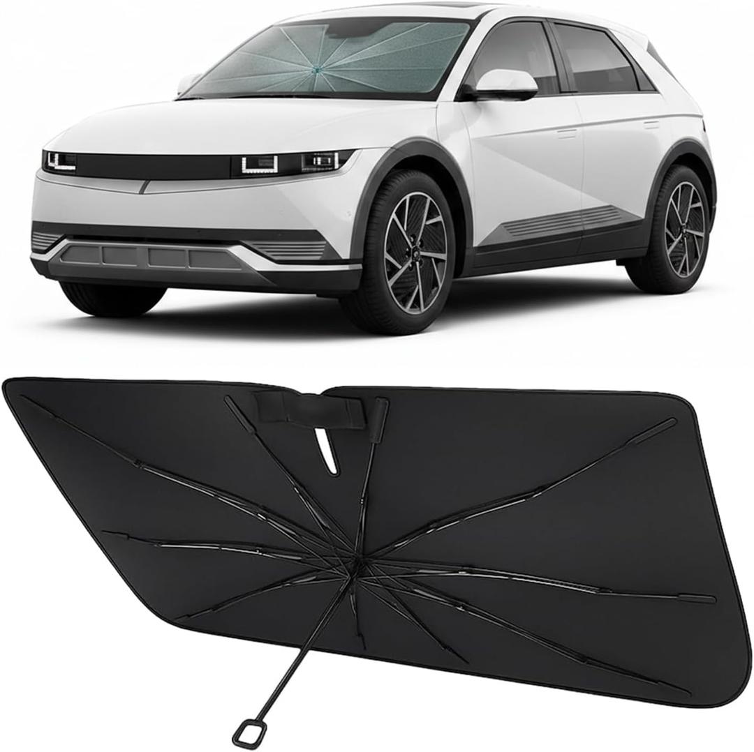Proadsy Windshield Sun Shade Umbrella for Hyundai Ioniq 5 2022-2025 2026 Foldable Car Umbrella Sunshade with Soft TPU Handle Spring Structure Crystal Cooling Material Protect Car from Rays & Heat