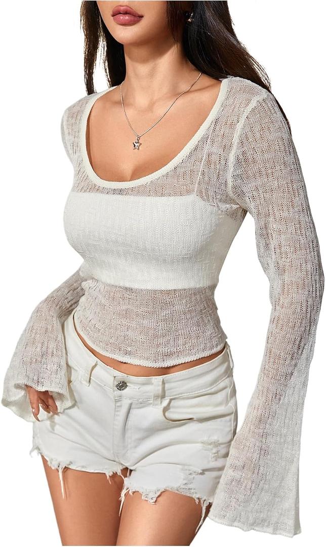 MakeMeChic Women's Mesh Beach Coverup Knit Bell Sleeve Tops Crop Crochet Tops (White, S)