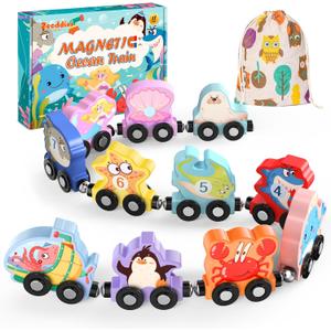 Zeoddler Toys for Toddlers, 11 Magnetic Wooden Sea Animals Train Set, Montessori Toys for Toddlers, Educational Activities for Kids, Birthday Gifts for Boys, Girls