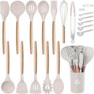 MIBOTE Silicone Cooking Kitchen Utensils Set with Holder, Wooden Handles BPA Free Non Toxic Silicone Turner Tongs Spatula Spoon Kitchen Gadgets Utensil Set for Nonstick Cookware (Khaki)