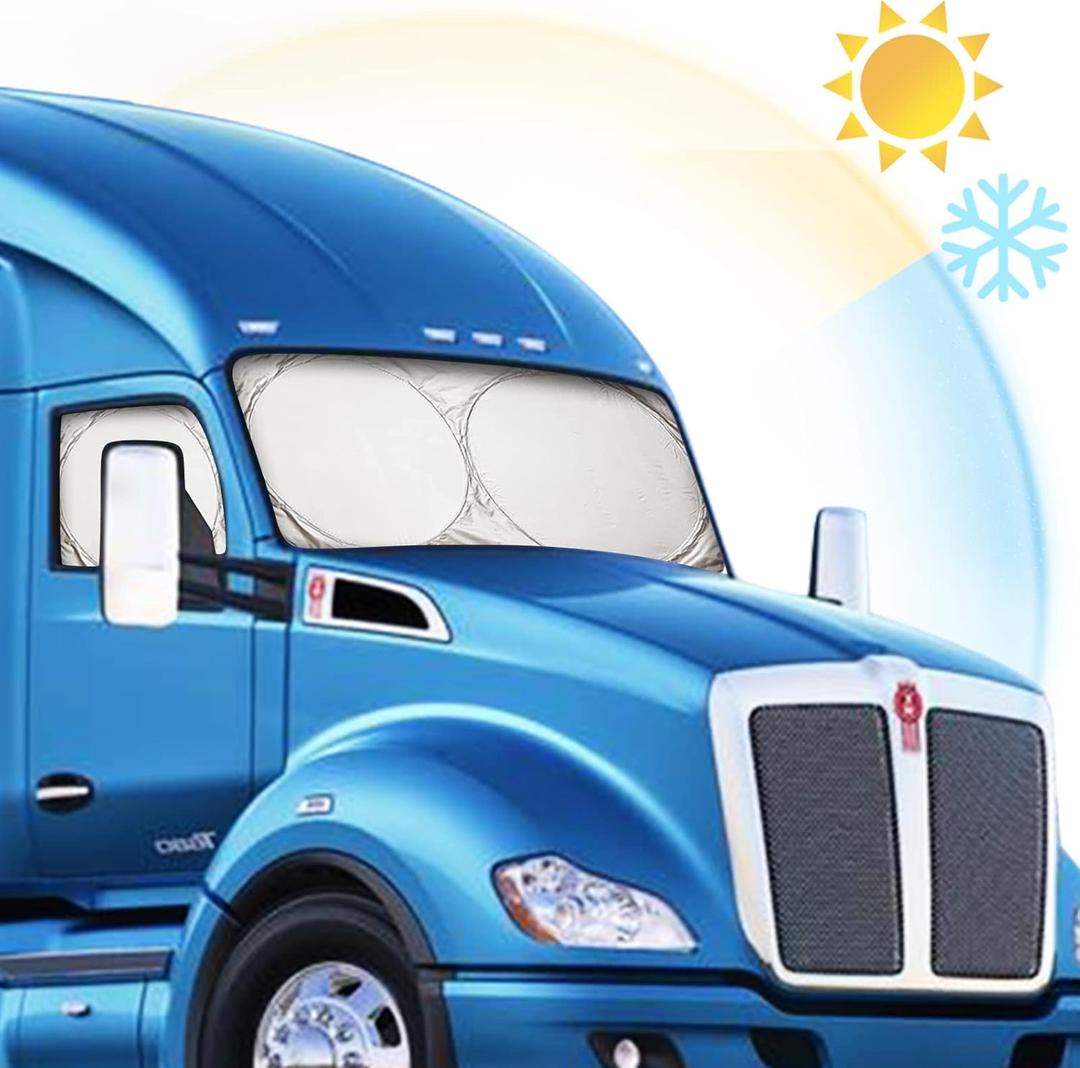 Semi-Truck Sun Shade for Windshield and Side Windows | 300T Sunshade Maximum Coverage | Block Sun Heat Rays |Fits for Semi, Commercial & Big Rig Truck, RV (Side Velcro)