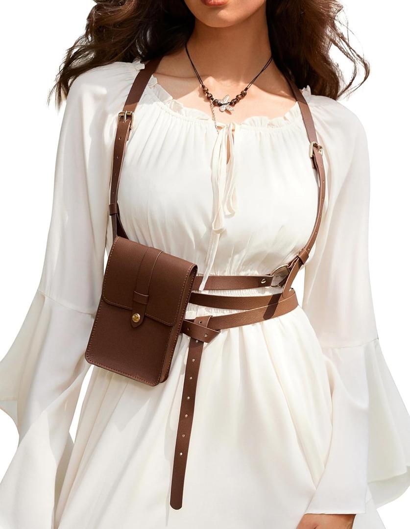 Scarlet Darkness Renaissance Belt Pouch Women Pirate Accessories Body Harness Belt Waist Bag (Camel)