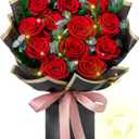 Mosstory Flower Bouquet 12-Piece Red Preserved Roses Bouquet with Led Lights Gift for Women Wife Mother Day Wedding Anniversary Birthday (Black)