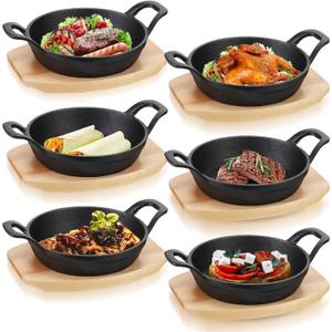 Nuogo 6 Sets Mini Cast Iron Skillet Mini Cast Iron Plates Skillet with Wooden Base Small Round Fajita Plate iron Pan Pot for Cooking Party(4.9 Inches)