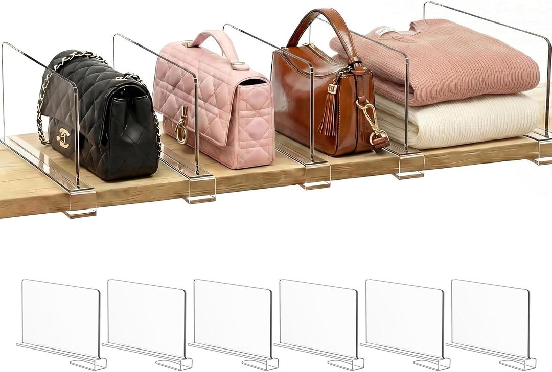SortNStore Shelf Dividers Purse Organizer for Closet: 6-inch Tall(Shorter Version) Acrylic Handbag Organizer - Small Space Separator for Clutches Evening Bags Pouches Mini-Bags on Wood Shelves 6-Pack