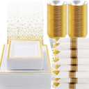 Goodluck 352-Piece Dinnerware Set for 50 Guests - Thanksgiving Square Plastic Plates with Gold Trim, Includes: 100 Plates, 50 Rolled Napkins, 50 Cups, 50 Cutlery Set and 2 Tablecloths
