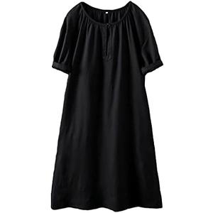 Minibee Women's Cotton Linen Dress Short Sleeve Midi Casual Tunic Dress with Pockets Black, Size: 2XL