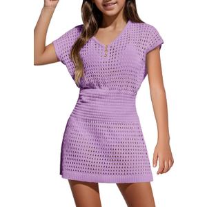 Haloumoning Girls Crochet Swim Beach Cover Up Kids Fashion Button Short Sleeve Swimsuits Cover Ups 5-14 Years (9-10 Years, Purple)