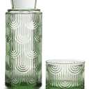 Bedside Water Carafe and Glass Set, Mouthwash Dispenser for Bathroom, 21.6 Oz Glass Water Bottles with 6 Oz Drinking Cup as Lid, Water Pitcher for Nightstand, Kitchen (Green)