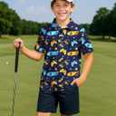 Boys Golf Polo Shirts Short Sleeve - Fun Hawaiian Performance Polo Shirt, Summer Casual Active Tops for Kids Age 7-14 (Blue)
