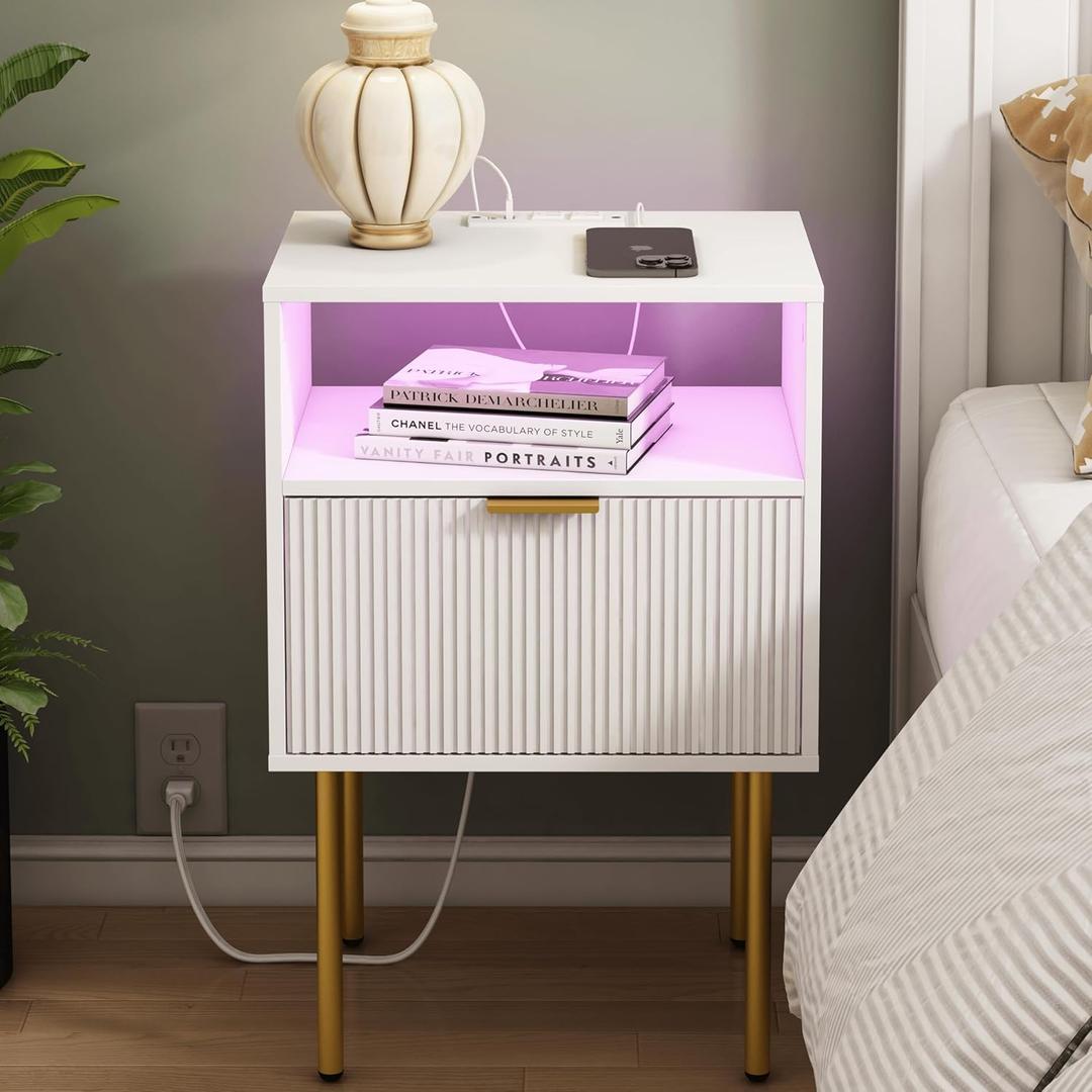 Modern Nightstand with Charging Station and LED Lights, White Bedside Table with Drawer, Fluted Side Table for Living Room, Bedroom