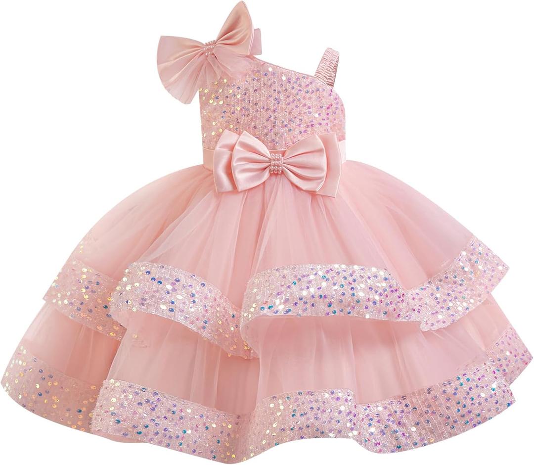 OBEEII Birthday Dress for Toddler Girl Sequins Pageant Tulle Tutu Dress Bowknot Princess Baptism Wedding Flower Girl Gown (3-4T, Pink)