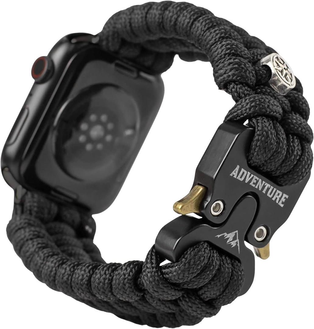 Paracord Band Compatible with Apple Watch Band 38mm 40mm 41mm 42mm 44mm 45mm, Robust Survival Tactical Weave Strap with Stainless Steel Buckle Quick Release for iWatch Series SE 7 6 5 4 3 2 1 for Men (Black)