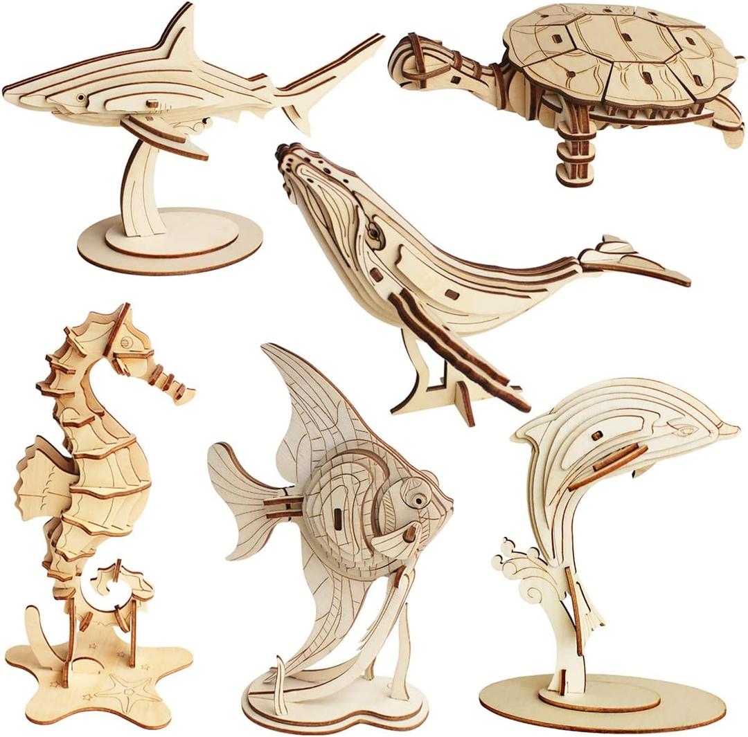 3D Wooden Sea Animal Puzzle - 6 Piece Set Wood Sea Animals Skeleton Assembly Model Kits - Wooden Crafts DIY Brain Teaser Puzzle - STEM Toys Gifts for Adults & Teens Birthday Gifts Christmas