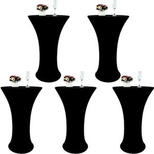 5 Pack Spandex Round 24'' Tablecloths for Cocktail, Banquet, Outdoor Party, Wedding, Bar, Restaurant - Black, Reusable, Easy Care