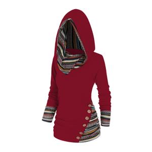 DRESSFO Women's Tribal Stripe Hooded Knit Top – Long Sleeve Pullover Sweatshirt with Mock Button Detail (Red/2X)