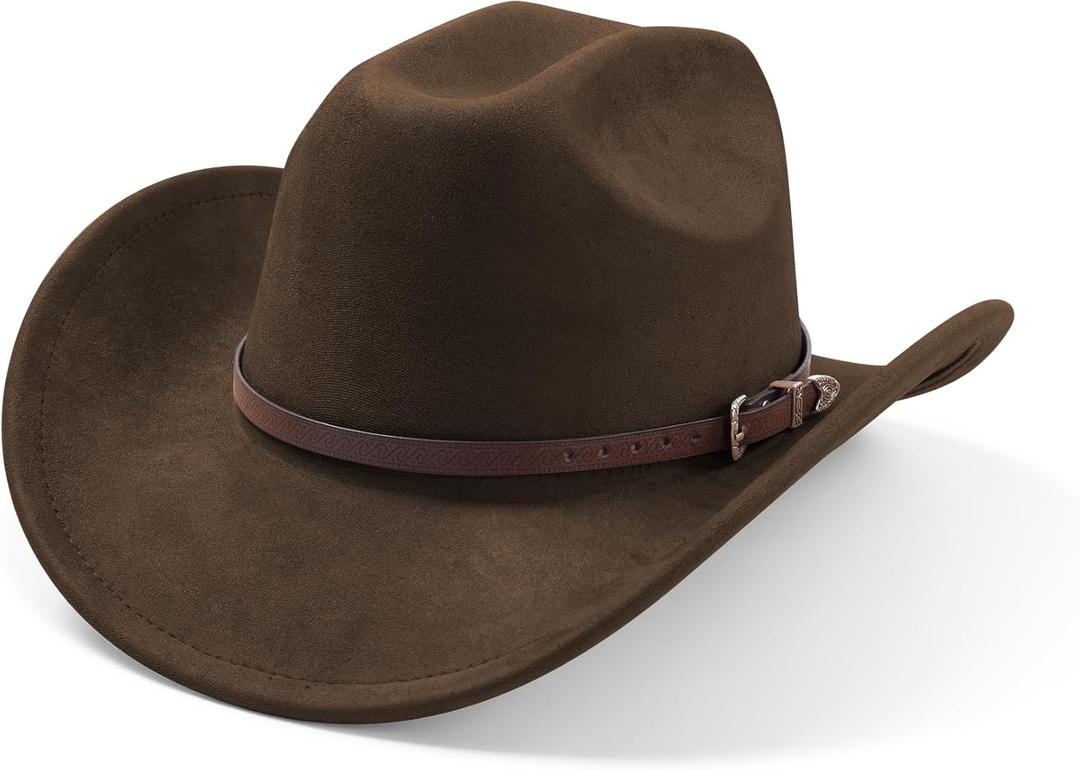 SAJUZEN Cowboy Hats for Women and Men with Wide Brim Felt Suede Western Hats for Cowgirls and Cowboys (Medium, Coffee)