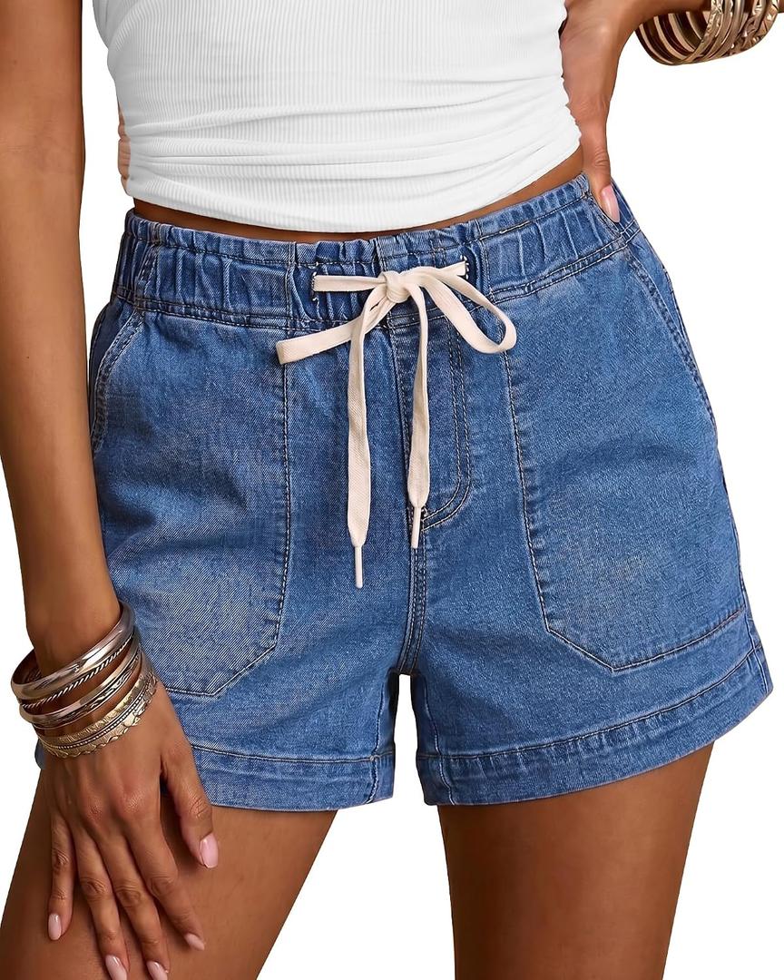 luvamia Jean Shorts for Women High Waisted Pull On Drawstring Elastic Waist Trendy Stretchy Denim Jorts Summer Shorts, Large