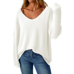 GKBK Women's Oversized Sweaters V Neck Off The Shoulder Sweater Long Sleeve Pullover Loose Fit Spring Clothes Fashion Outfits (Medium, White)